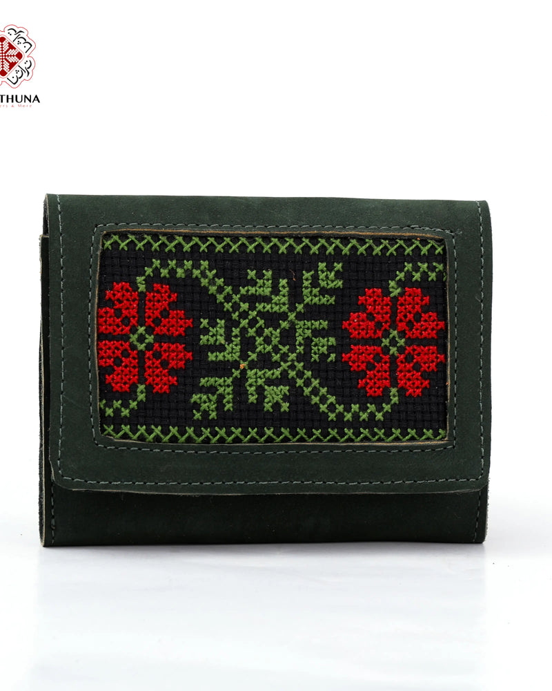 Green Leather Compact Wallet with Red & Green Floral Vine Tatreez