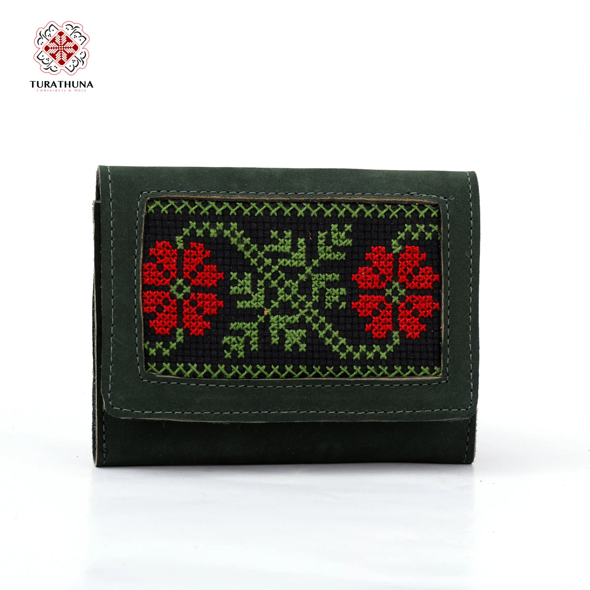 Green Leather Embroidered Compact Wallet