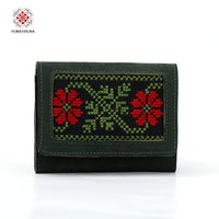 Green Leather Embroidered Compact Wallet