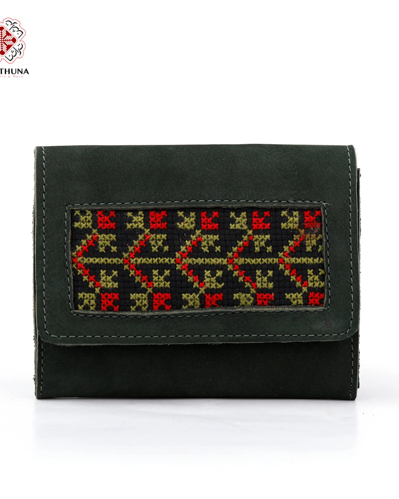 Green Leather Compact Wallet with Olive & Red Geometric Lattice Tatreez