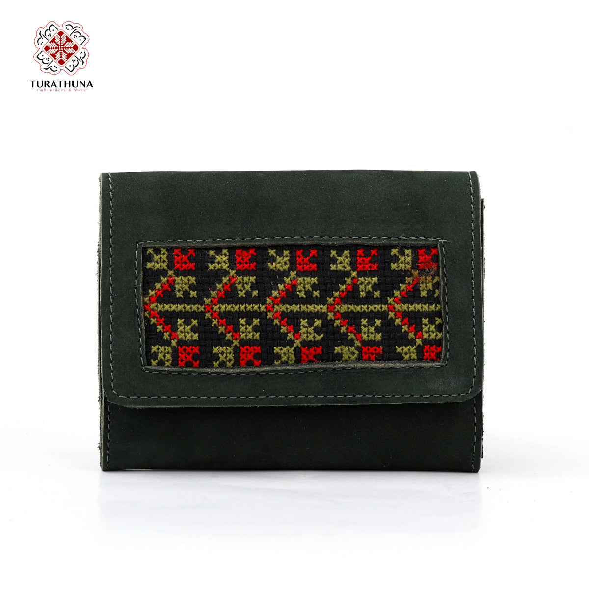 Green Leather Embroidered Compact Wallet
