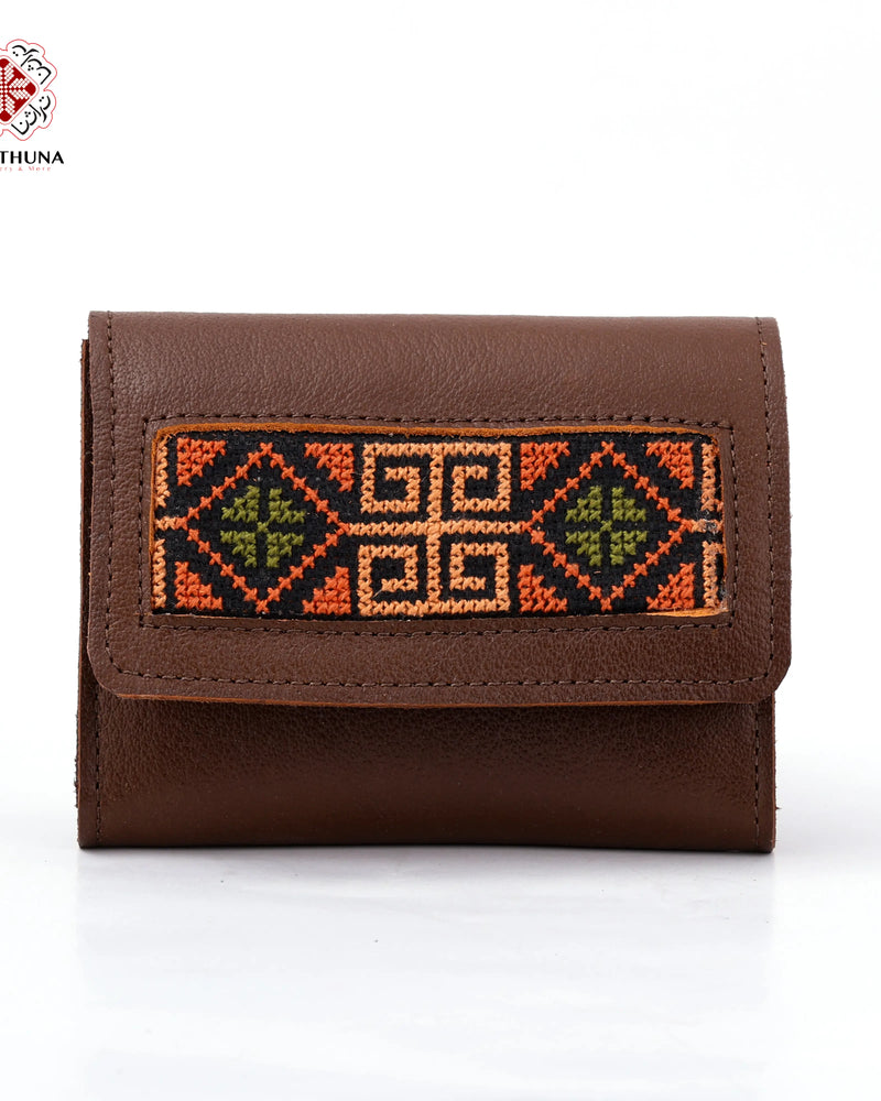 Honey Leather Compact Wallet with Orange Diamond & Green Star Tatreez