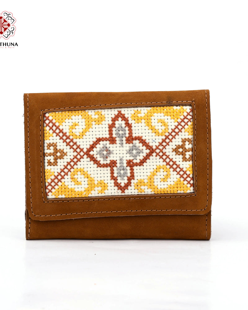Honey Leather Compact Wallet with Rust & Yellow Fleur Tatreez
