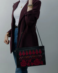 Black Leather Embroidered Shoulder Bag
