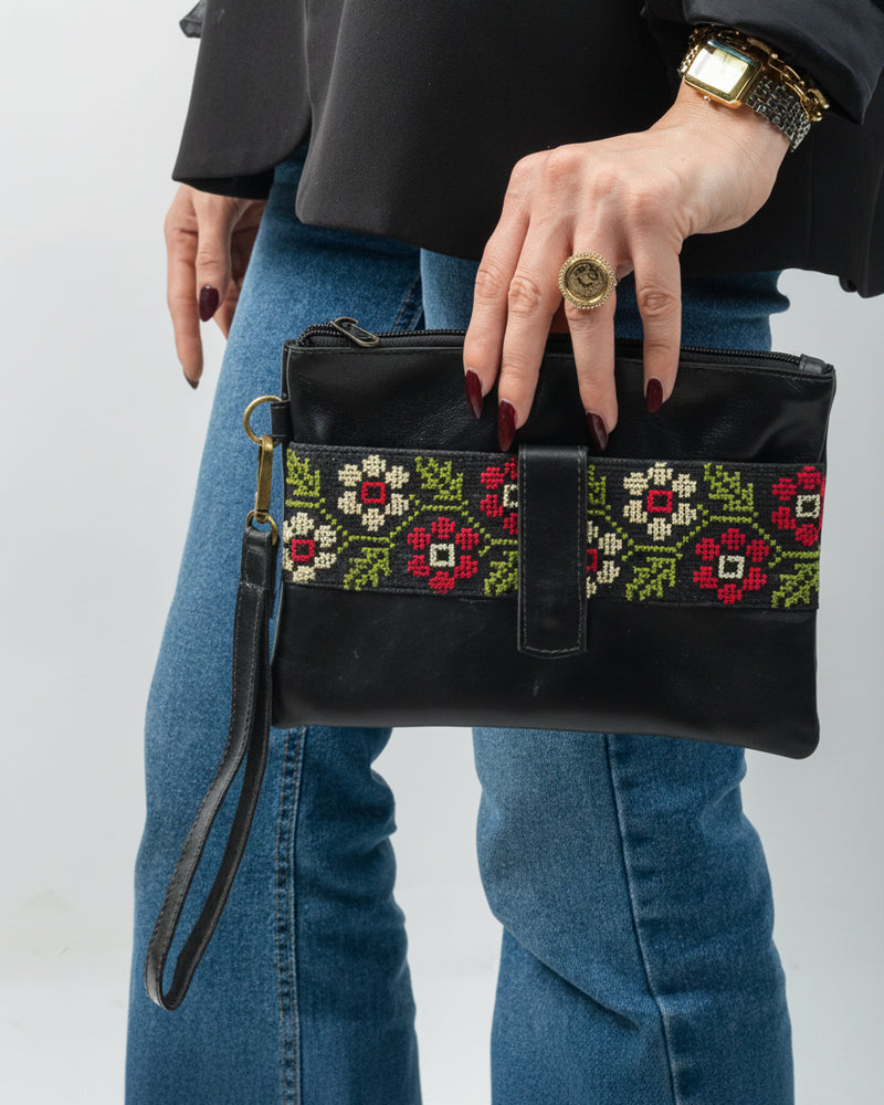 Black Leather Long Wallet with Red & Cream Floral-Vine Tatreez