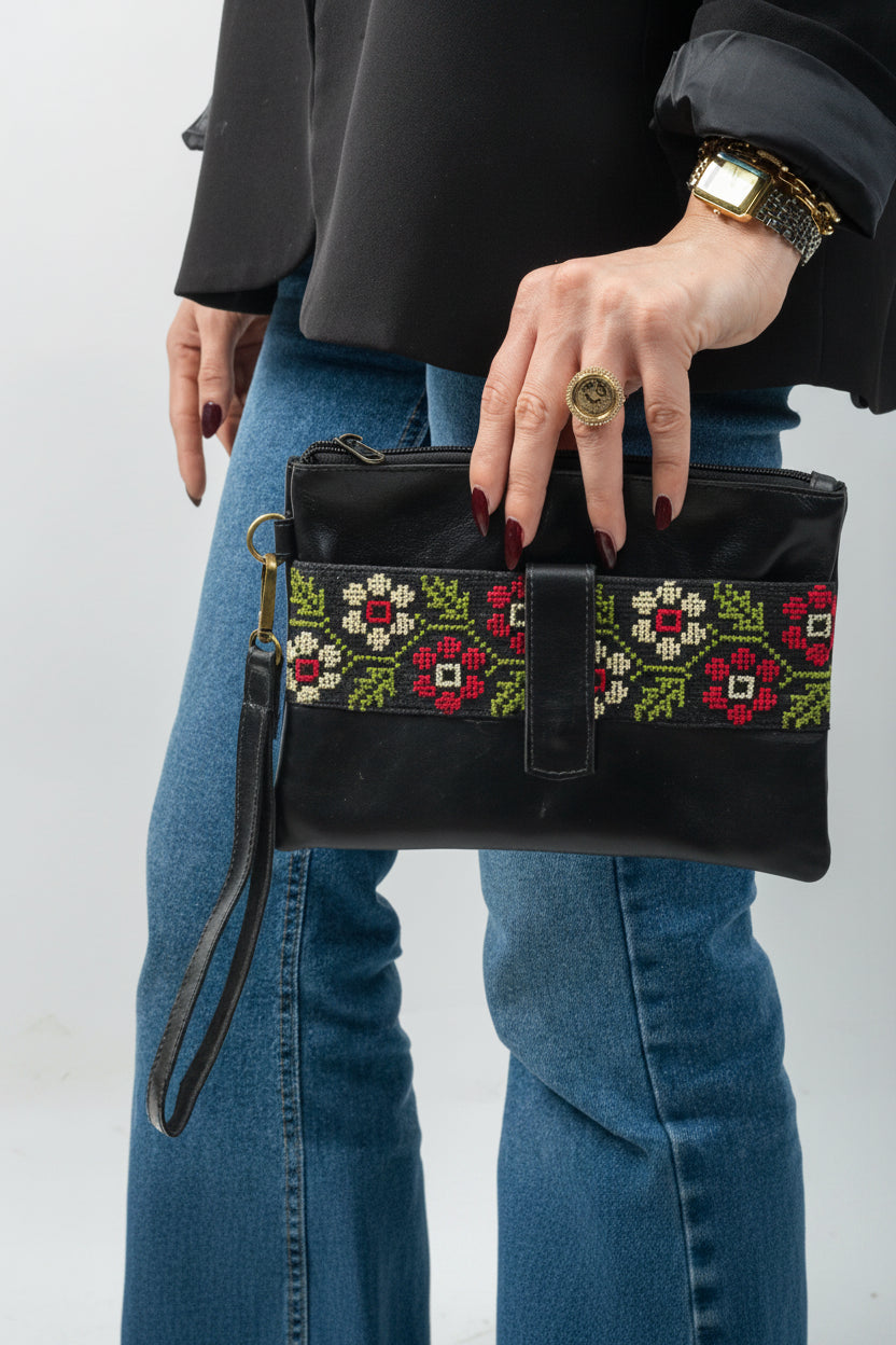 Black Leather Embroidered Long Wallet