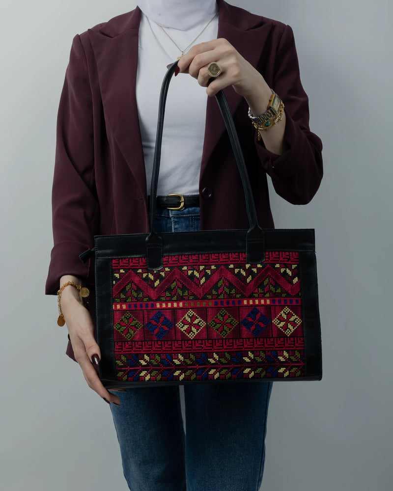 Black Leather Tote Bag with Multicolor Geometric Panel Tatreez