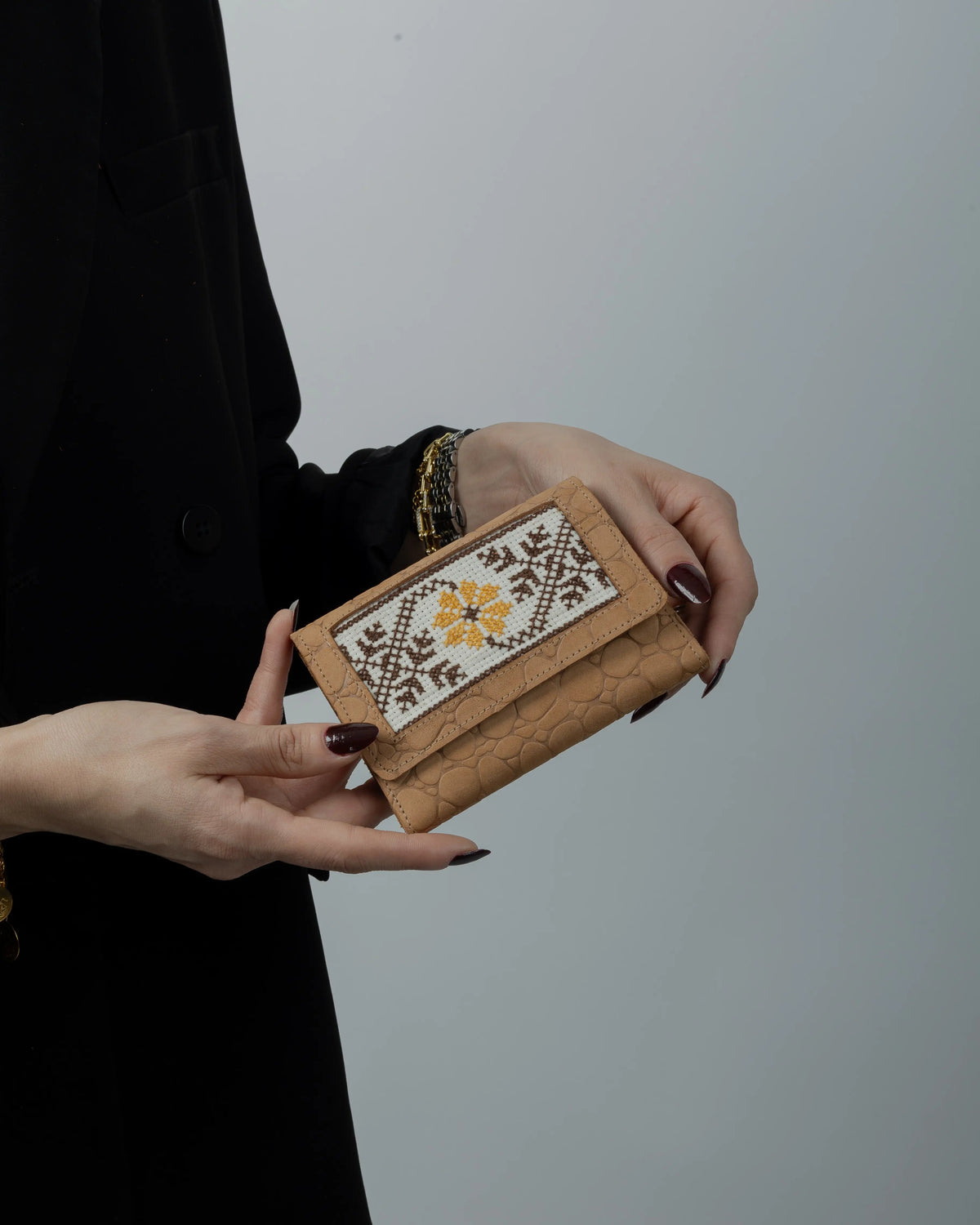 Beige Leather Embroidered Compact Wallet