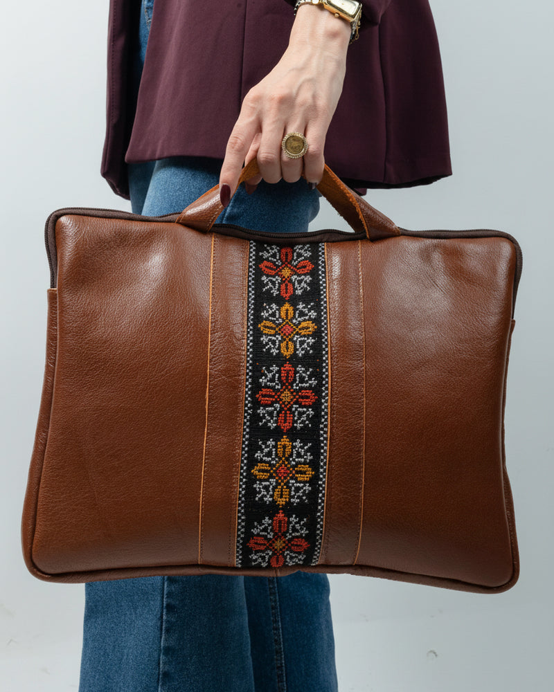 Honey Leather Tote Bag with Orange and Red Rosette Tatreez