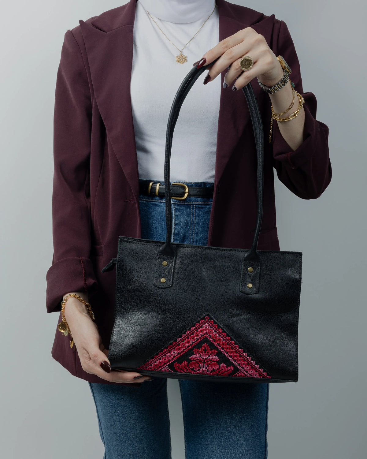 Black Leather Embroidered Shoulder Bag