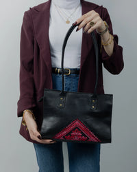 Black Leather Embroidered Shoulder Bag