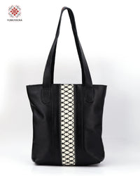 Black Leather Embroidered Tote Bag