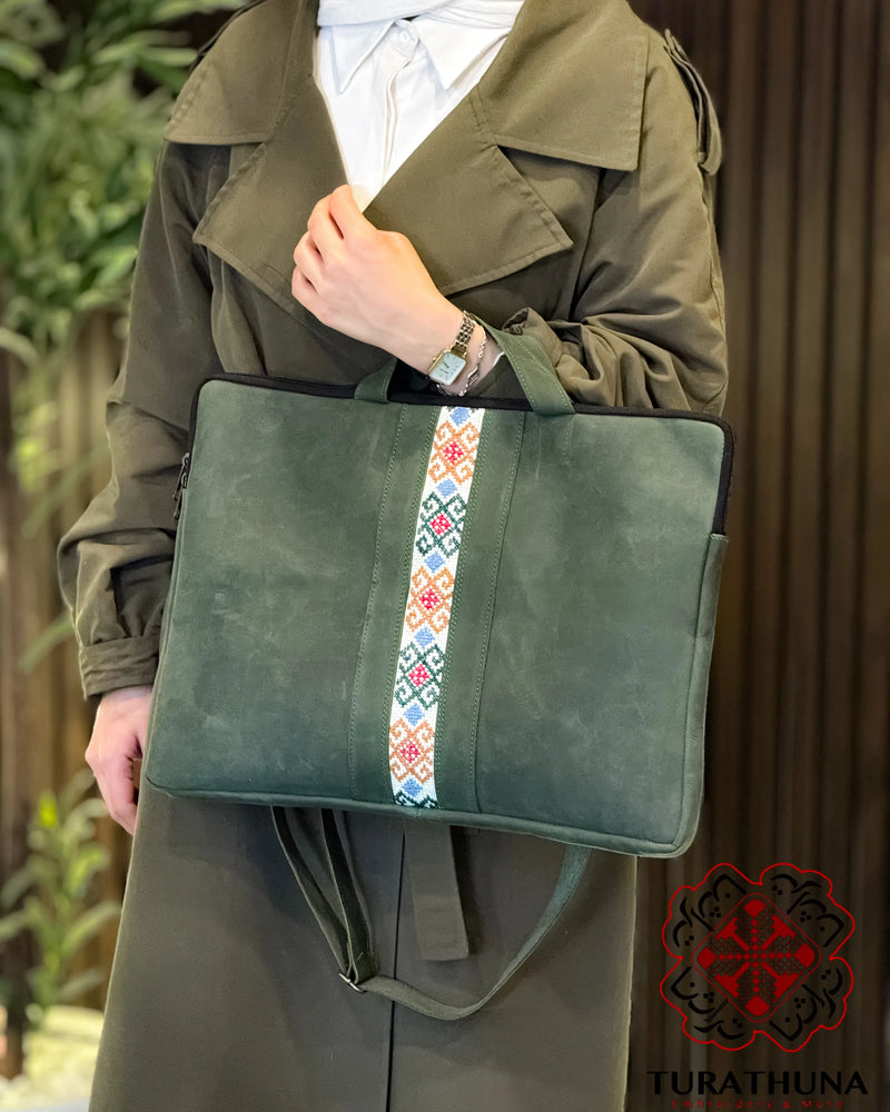 Green Leather Tote Bag with Multicolor Diamond Band Tatreez