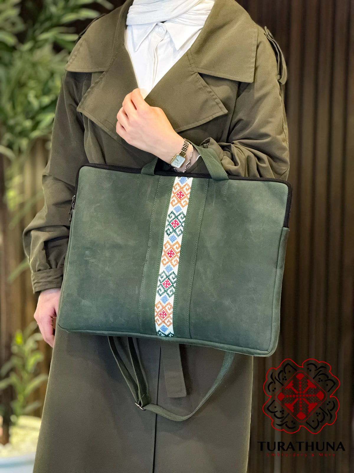Green Leather Embroidered Tote Bag