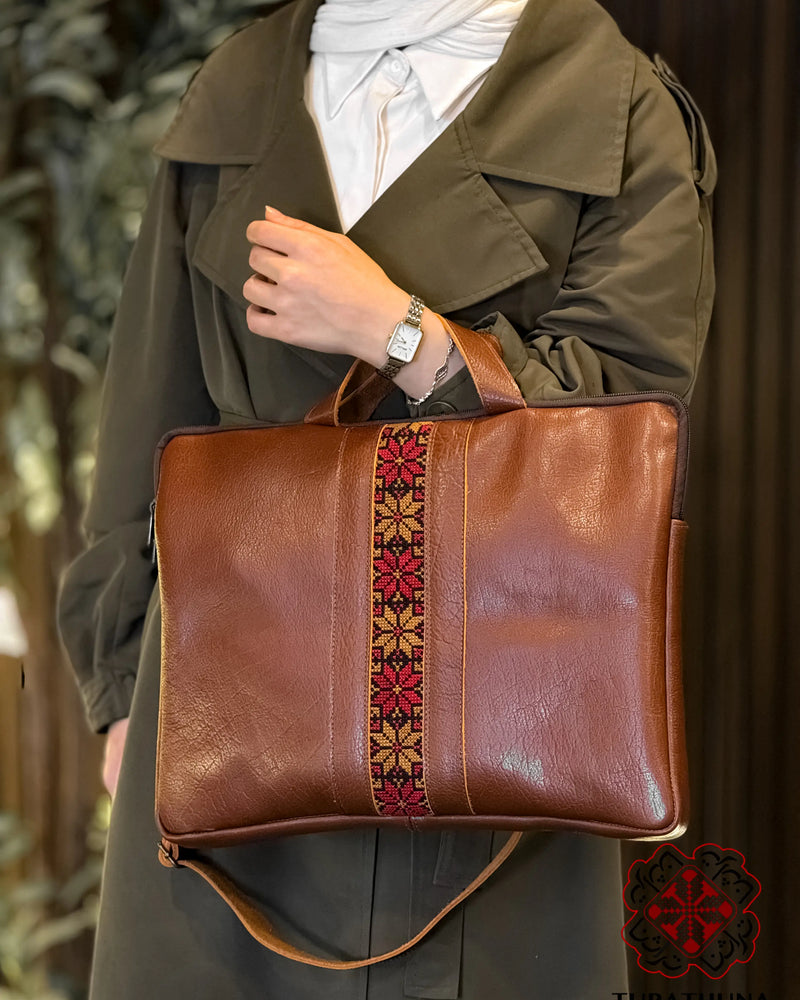 Honey Leather Tote Bag with Red & Yellow Eight-Point Star Tatreez