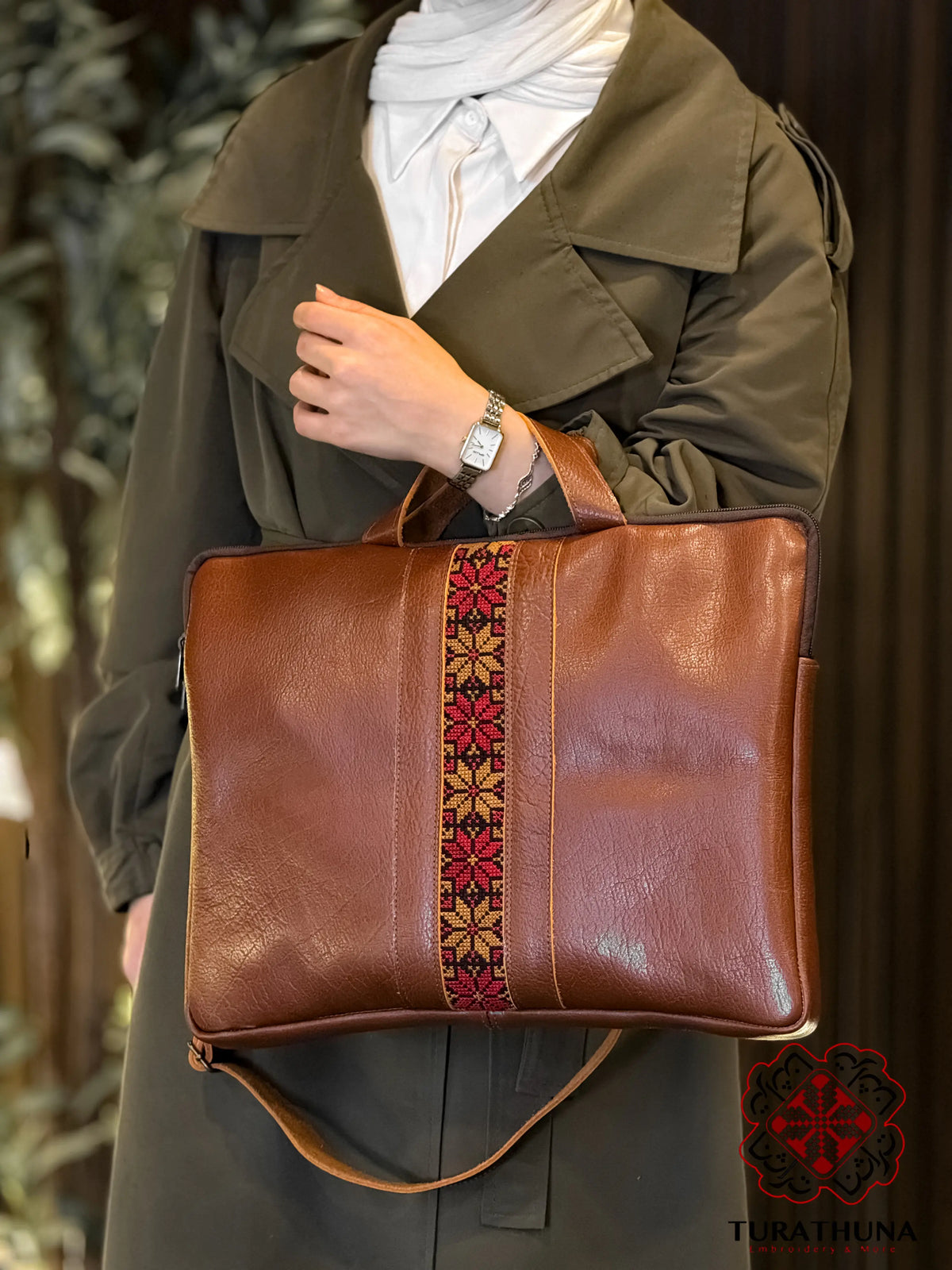 Honey Leather Embroidered Tote Bag