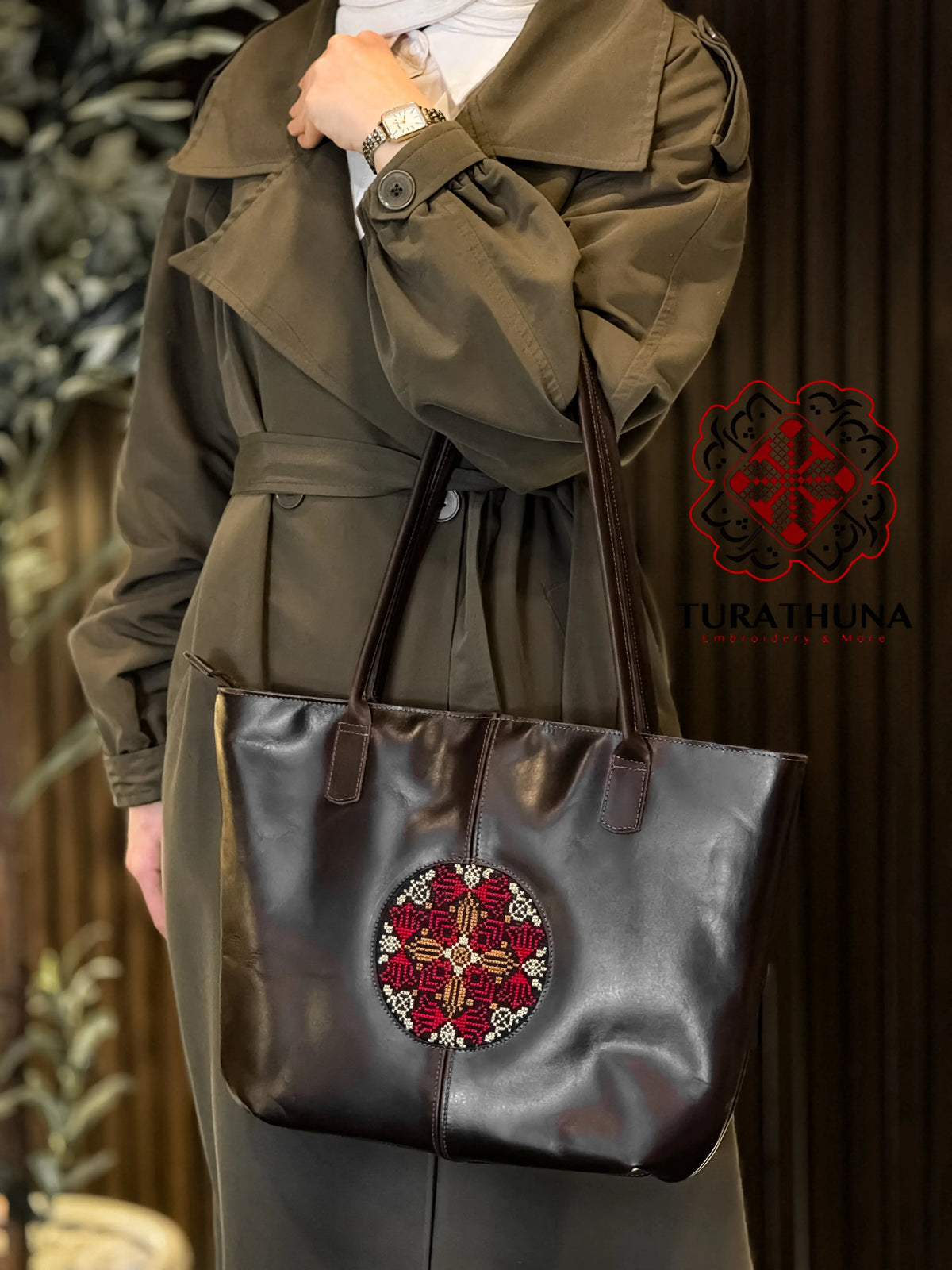 Brown Leather Embroidered Shoulder Bag