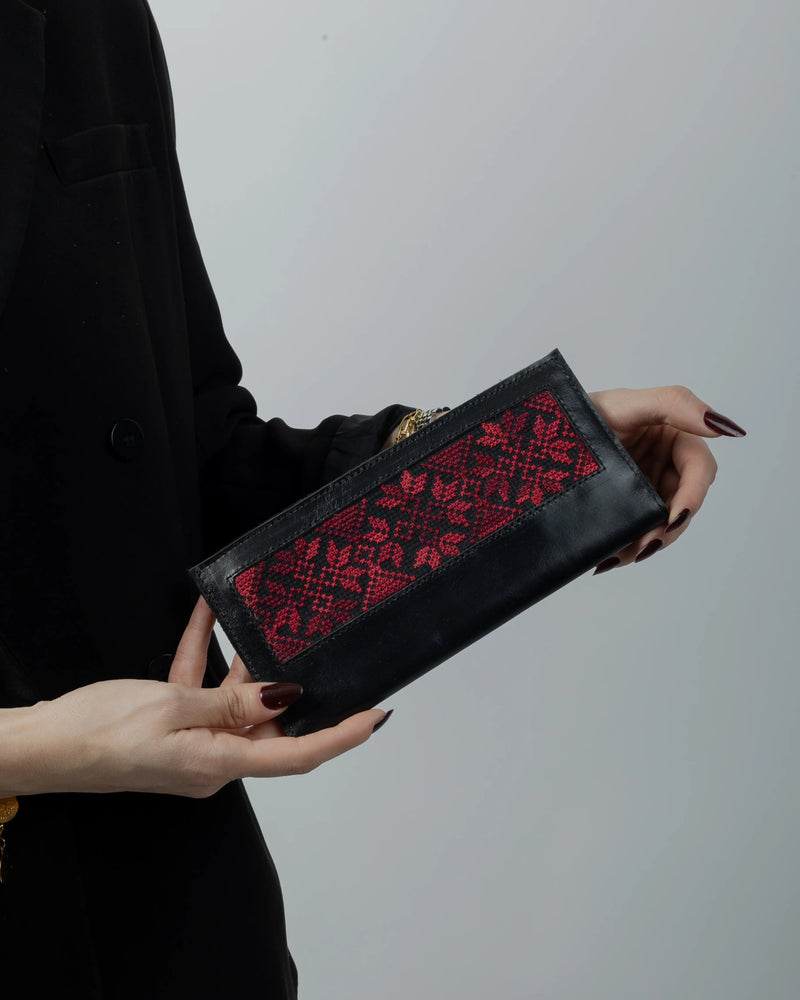 Black Leather Long Wallet with Red Diamond-Star Tatreez