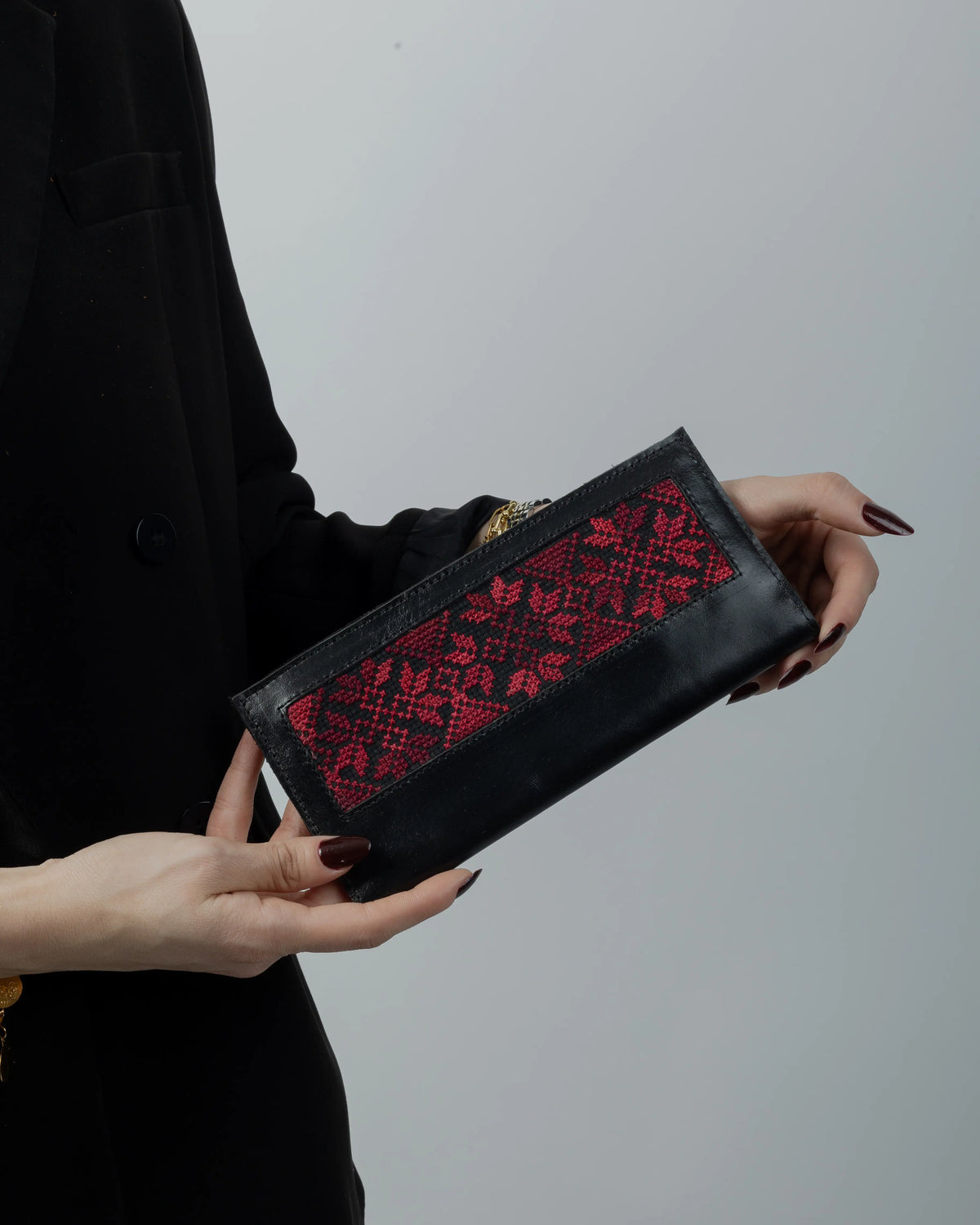 Black Leather Embroidered Long Wallet