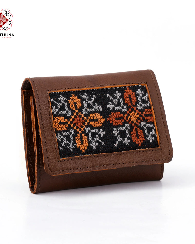 Honey Leather Compact Wallet with Grey & Rust Geometric Band Tatreez