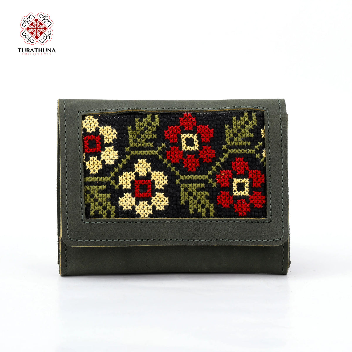 Green Leather Embroidered Compact Wallet