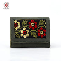 Green Leather Embroidered Compact Wallet