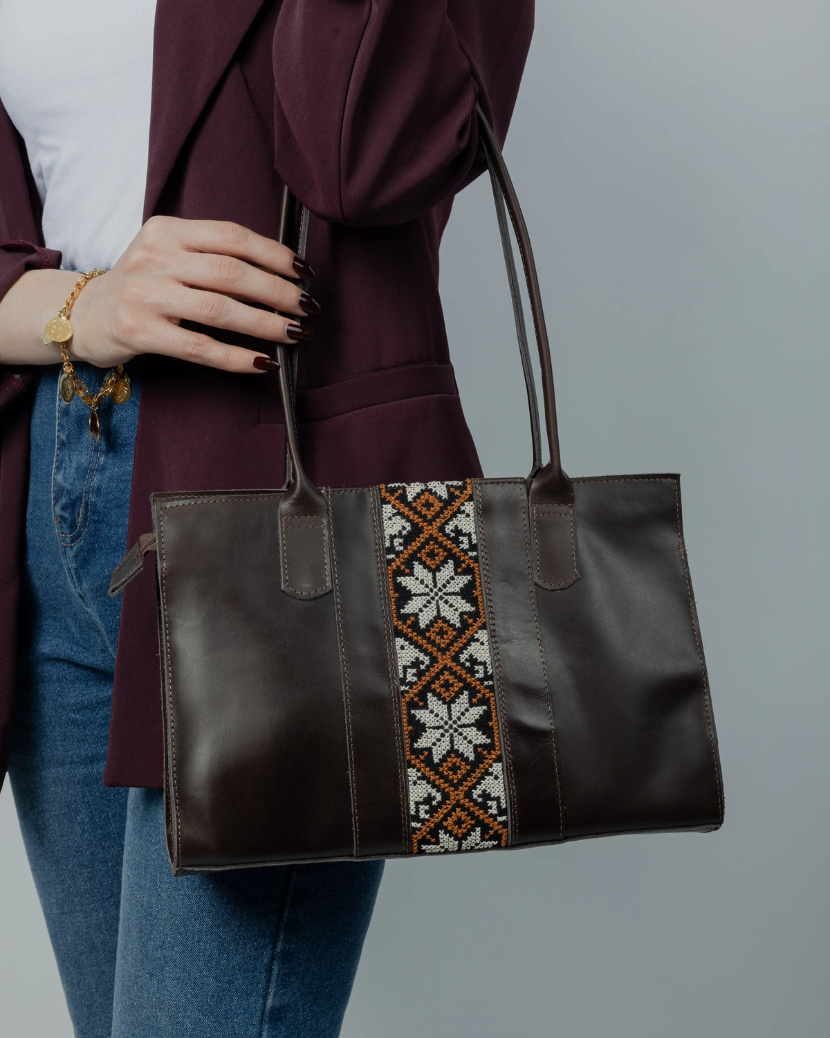 Brown Leather Embroidered Shoulder Bag