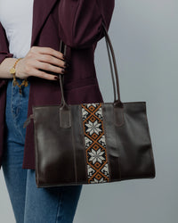 Brown Leather Embroidered Shoulder Bag