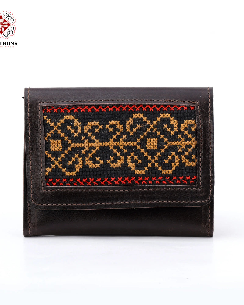 Brown Leather Compact Wallet with Gold Floral Scroll Tatreez