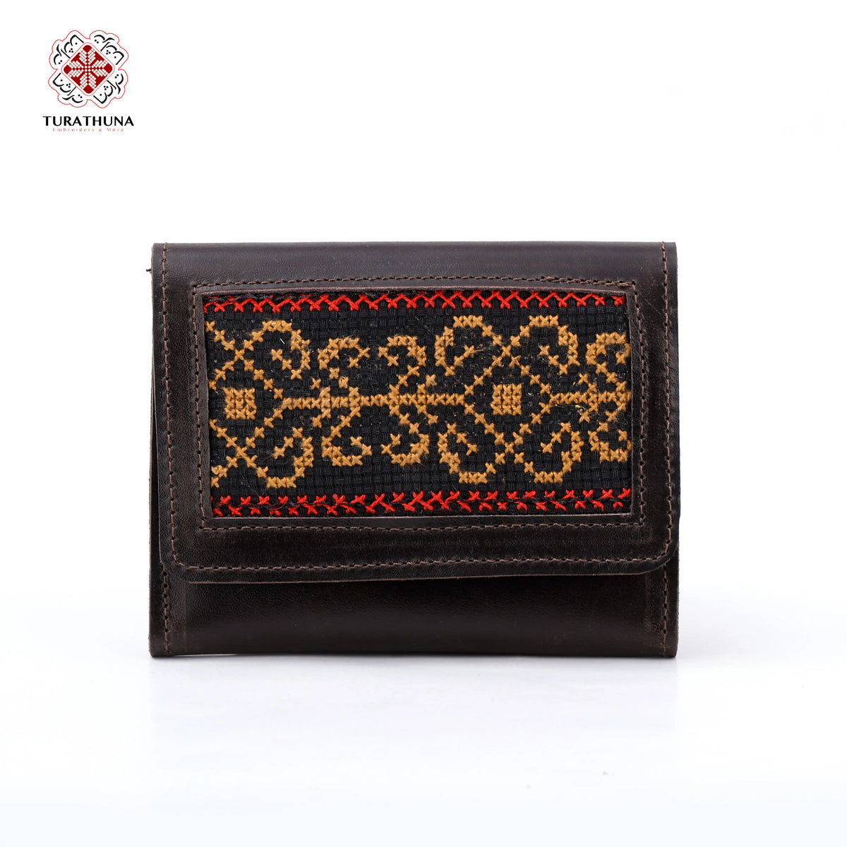 Brown Leather Embroidered Compact Wallet