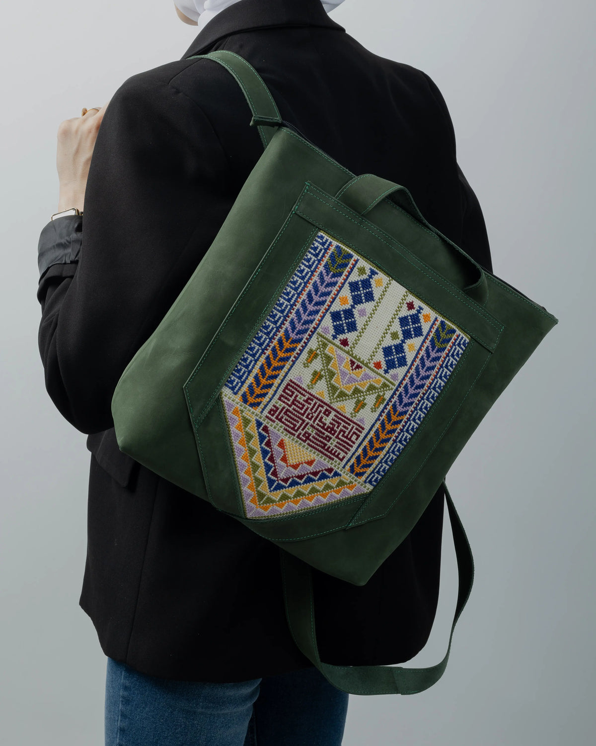 Green Leather Embroidered Tote Bag