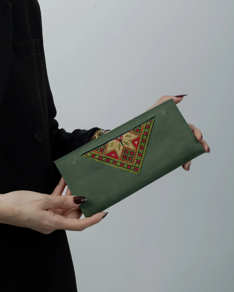 Green Leather Long Wallet with Red & Olive Geometric-Diamond Tatreez