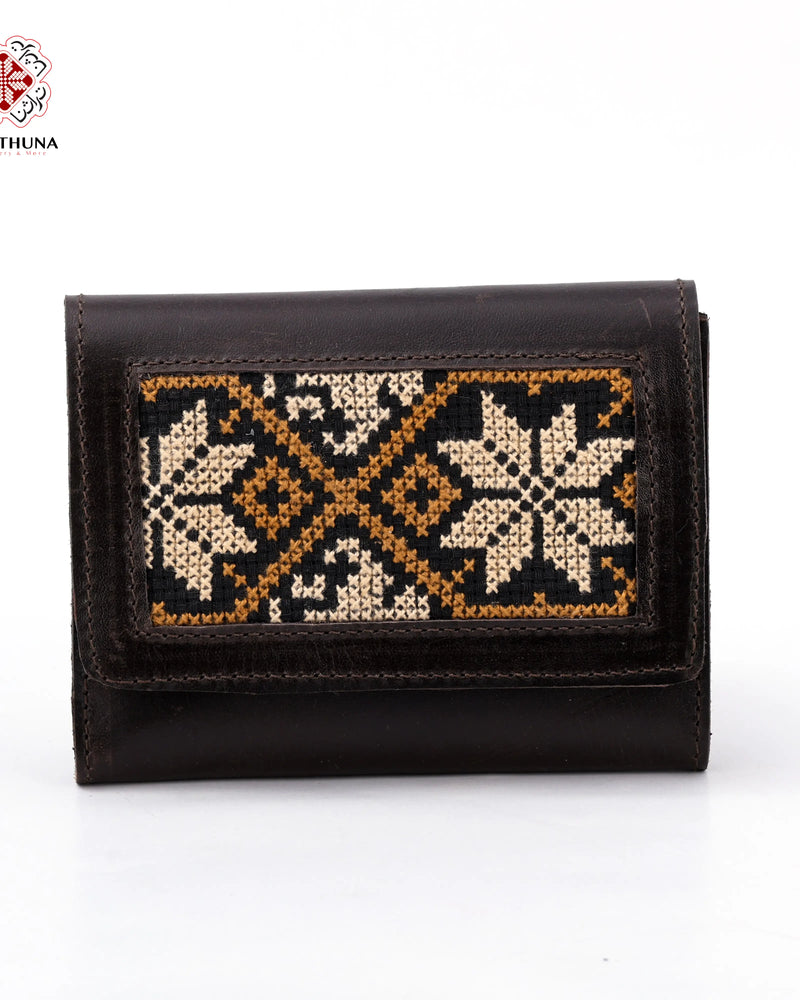 Brown Leather Compact Wallet with Cream & Gold Snowflake Star Tatreez