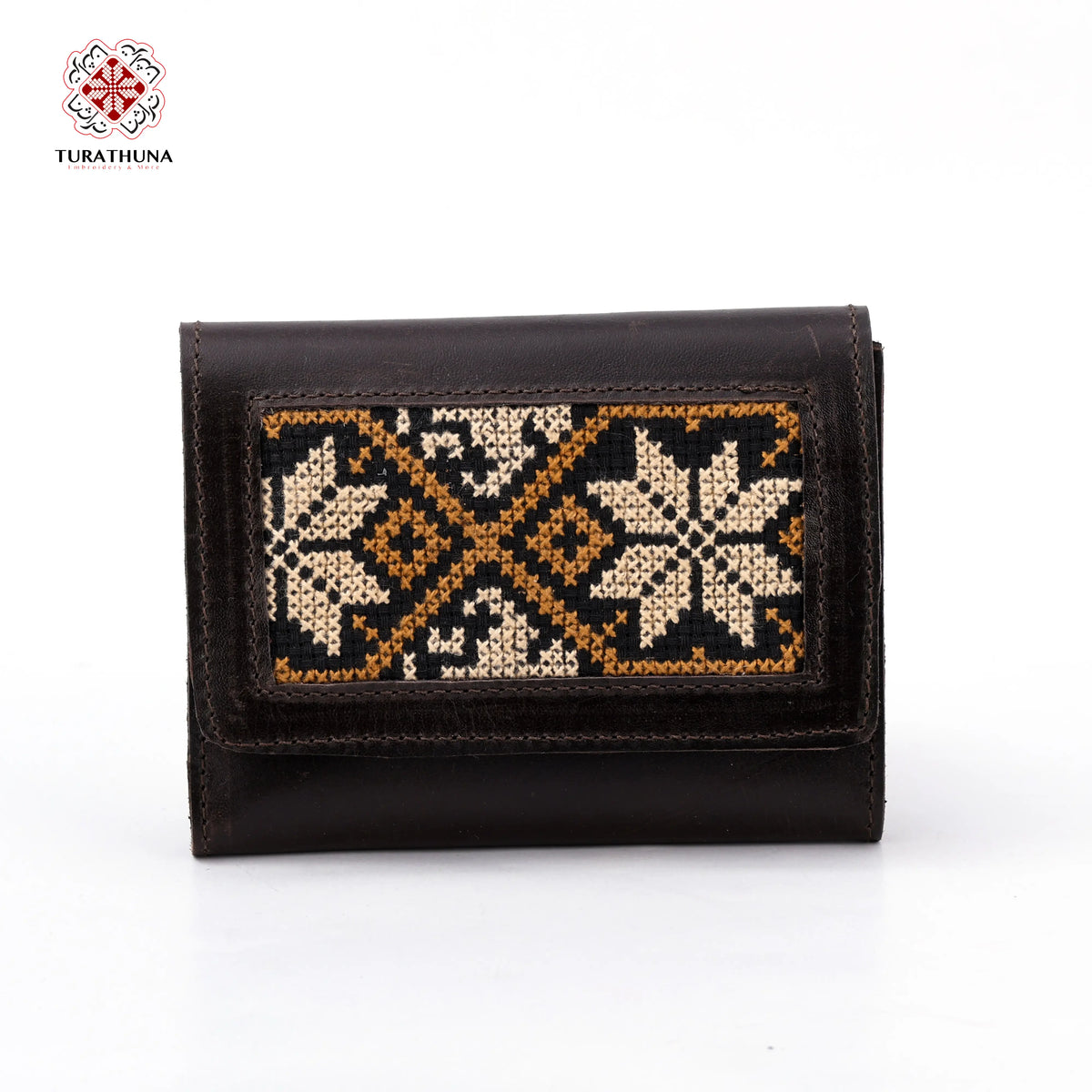Brown Leather Embroidered Compact Wallet