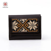 Brown Leather Embroidered Compact Wallet