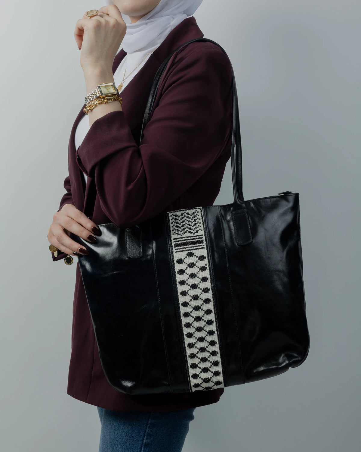 Black Leather Embroidered Shoulder Bag