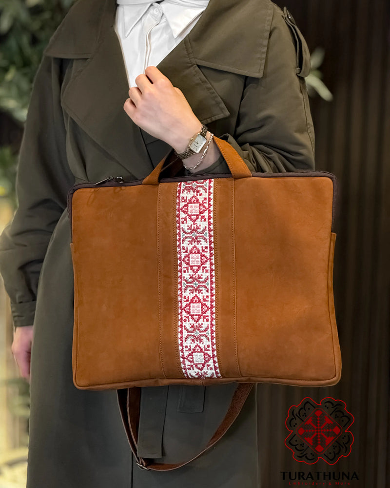 Tan Leather Tote Bag with Red & White Star Tatreez