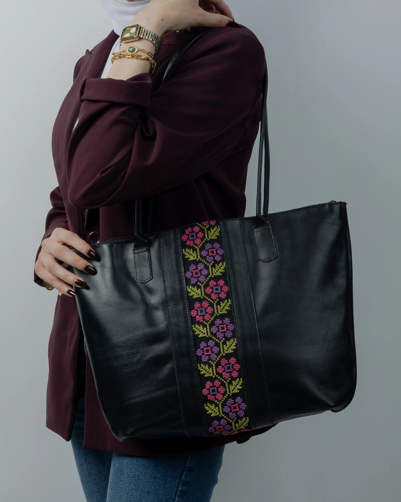 Black Leather Shoulder Bag with Pink and Purple Floral Vine Tatreez