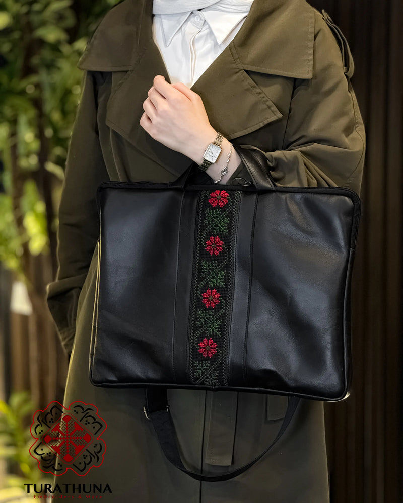 Black Leather Tote Bag with Red Floral Vine Tatreez
