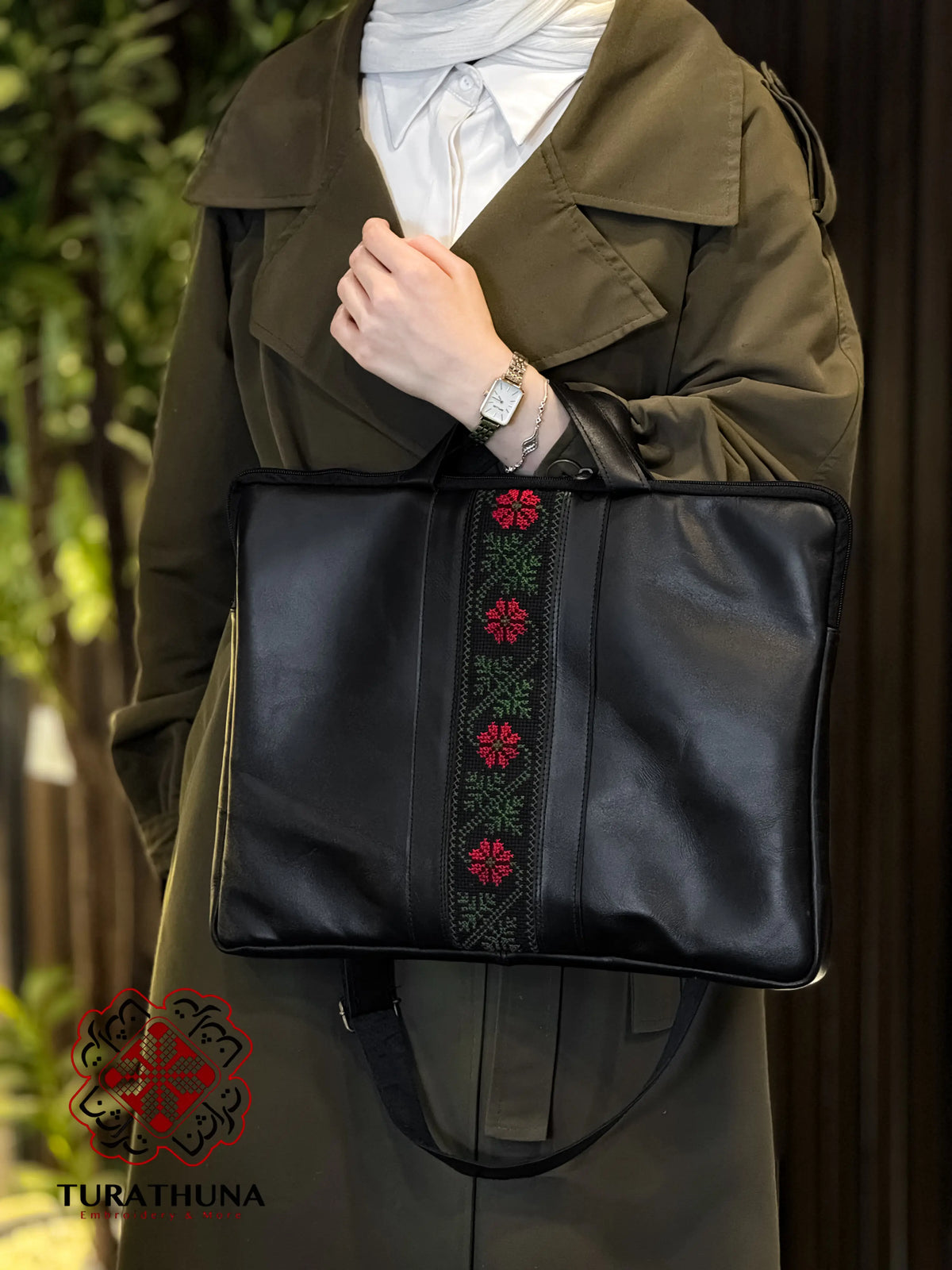 Black Leather Embroidered Tote Bag
