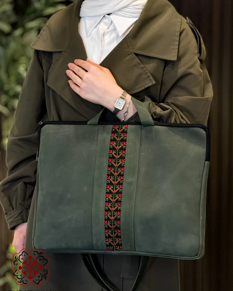 Green Leather Tote Bag with Red & Green Cypress Tree Tatreez