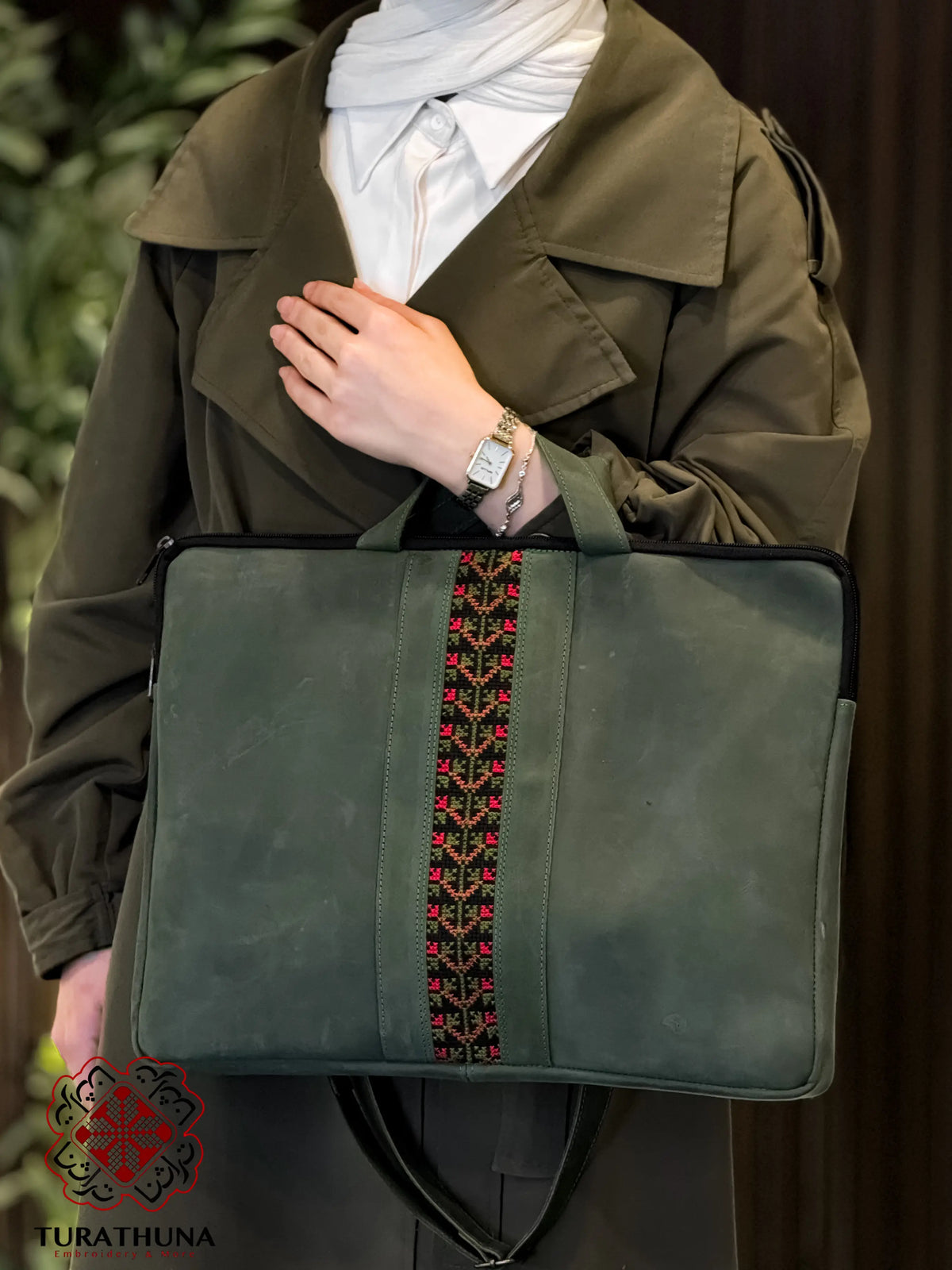 Green Leather Embroidered Tote Bag