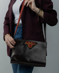 Brown Leather Embroidered Shoulder Bag