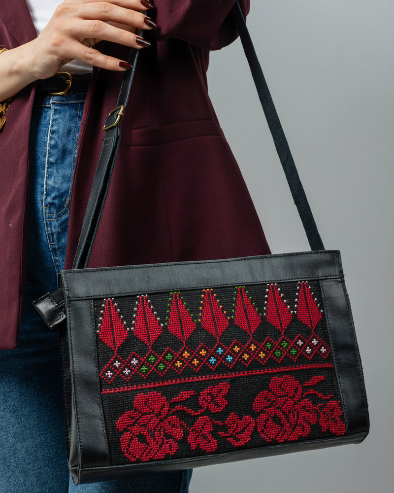 Black Leather Shoulder Bag with Red Cypress & Rose Panel Tatreez