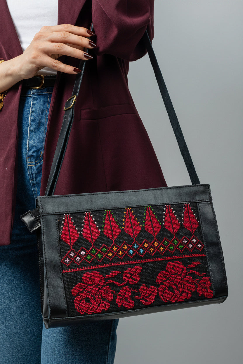 Black Leather Embroidered Shoulder Bag