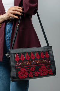 Black Leather Embroidered Shoulder Bag