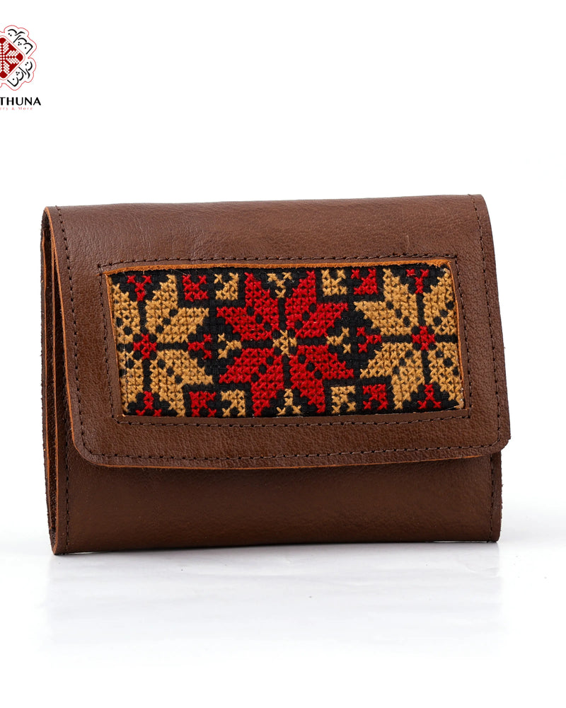 Honey Leather Compact Wallet with Red & Gold Eight-Point Star Tatreez