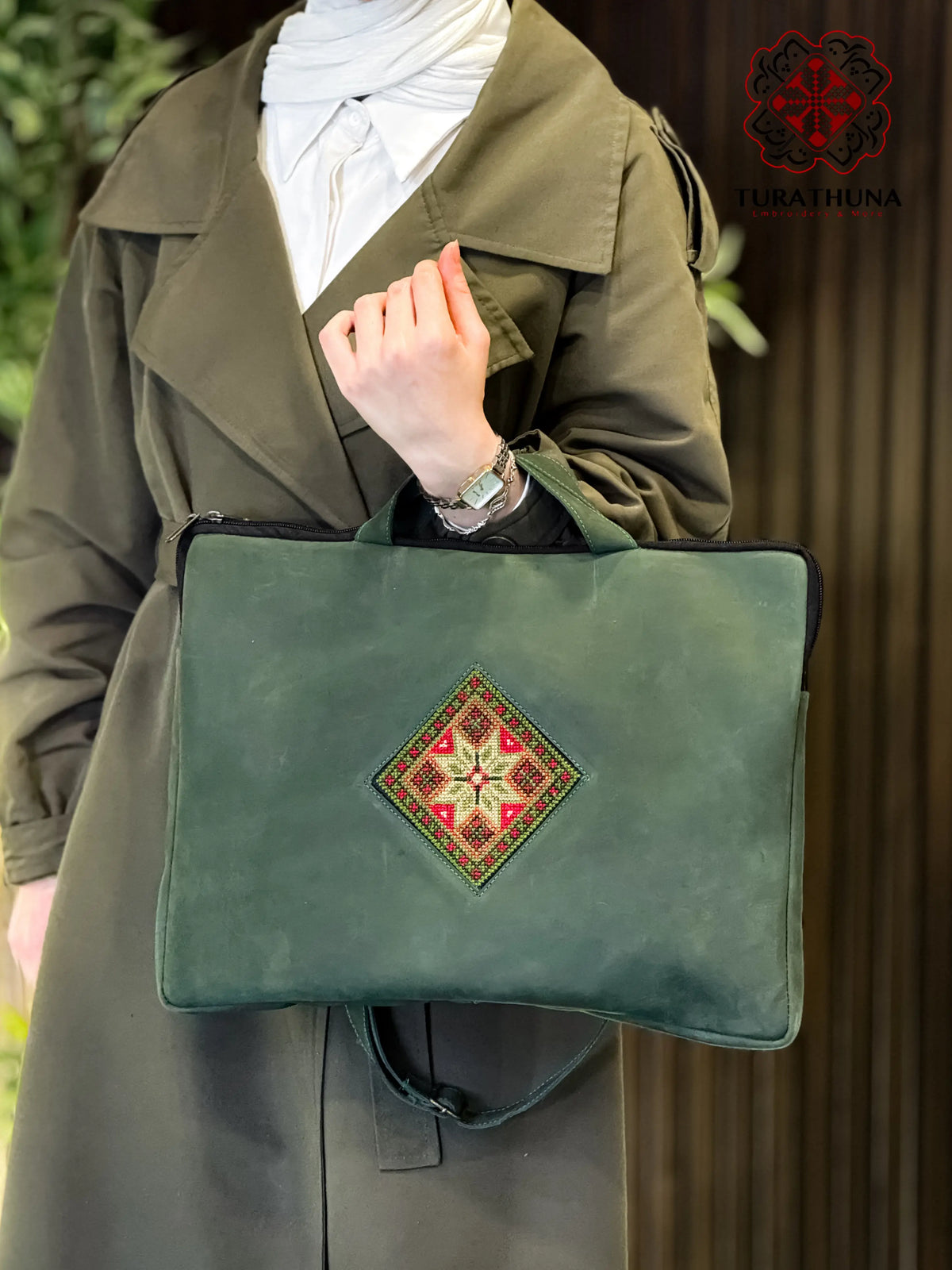 Green Leather Embroidered Tote Bag