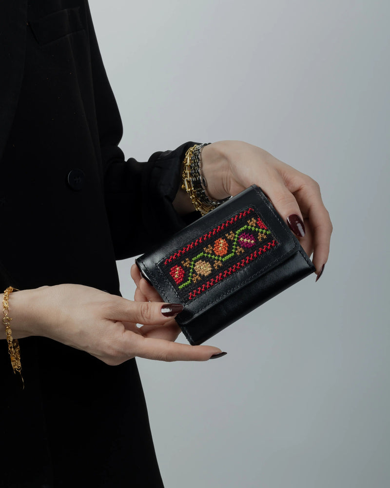 Black Leather Compact Wallet with Orange & Magenta Rose-Vine Tatreez