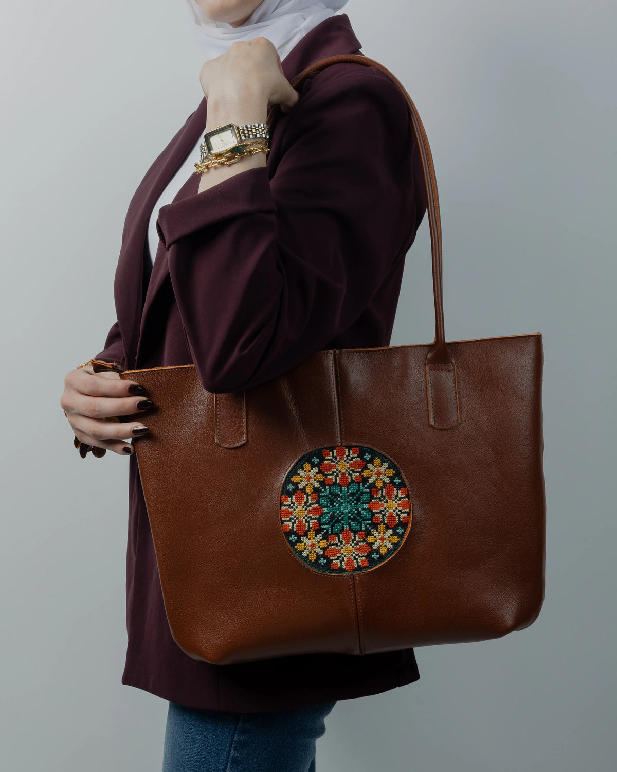 Honey Leather Embroidered Shoulder Bag